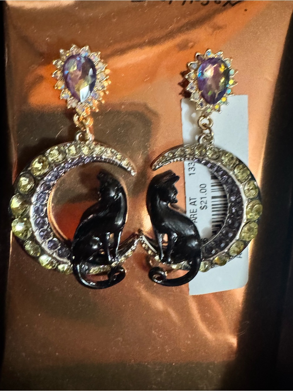 Betsey Johnson Black Cat Crescent Moon Drop Earrings with Iridescent Teardrops